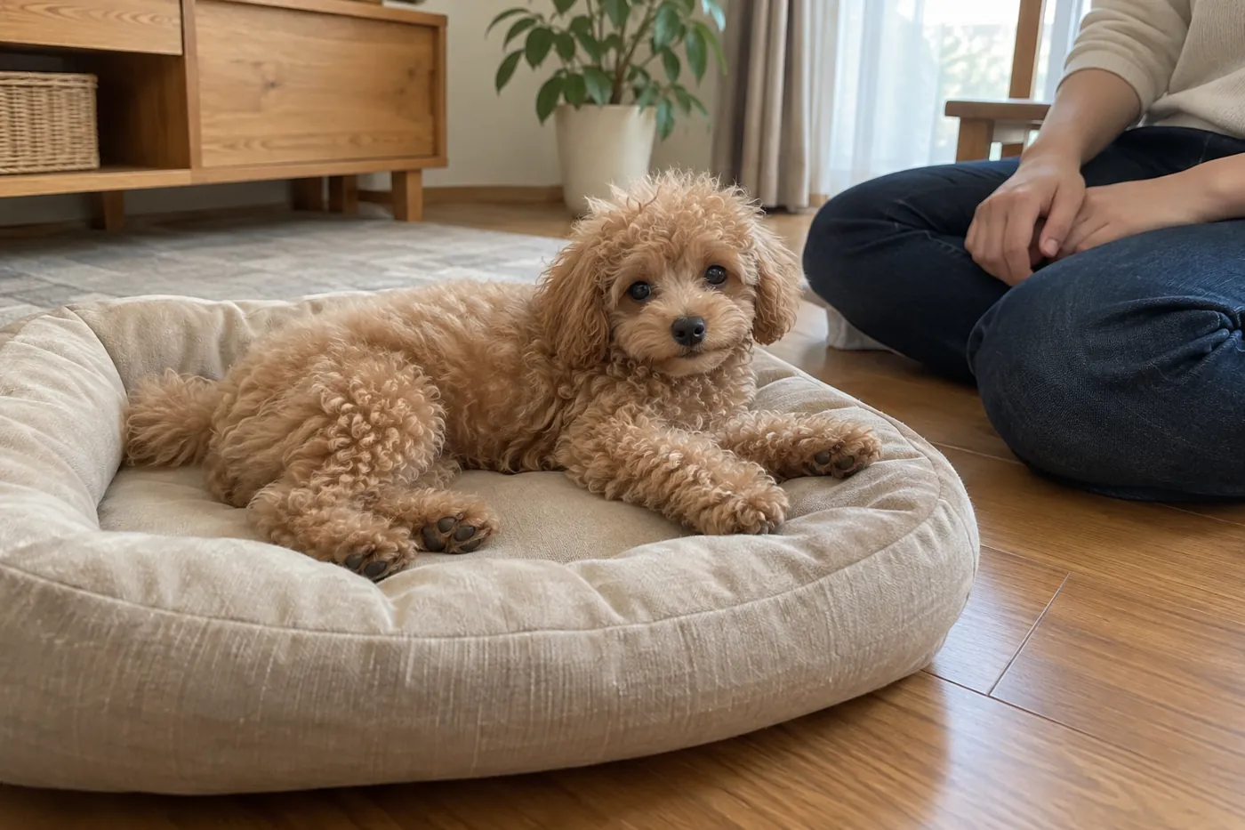 寝床のそばで飼い主が子犬の様子を静かに見守る