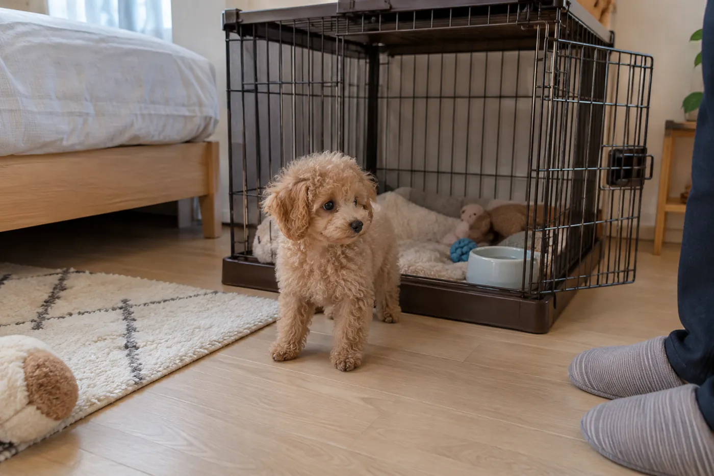 静かな部屋に置いた子犬用の寝床と水入れ