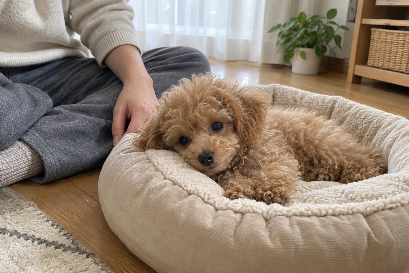 子犬のベッドのそばに座り落ち着いて見守る飼い主の手元