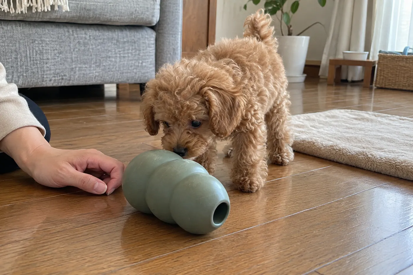日中に短い遊びを楽しむ子犬と近くに用意した休憩用マット