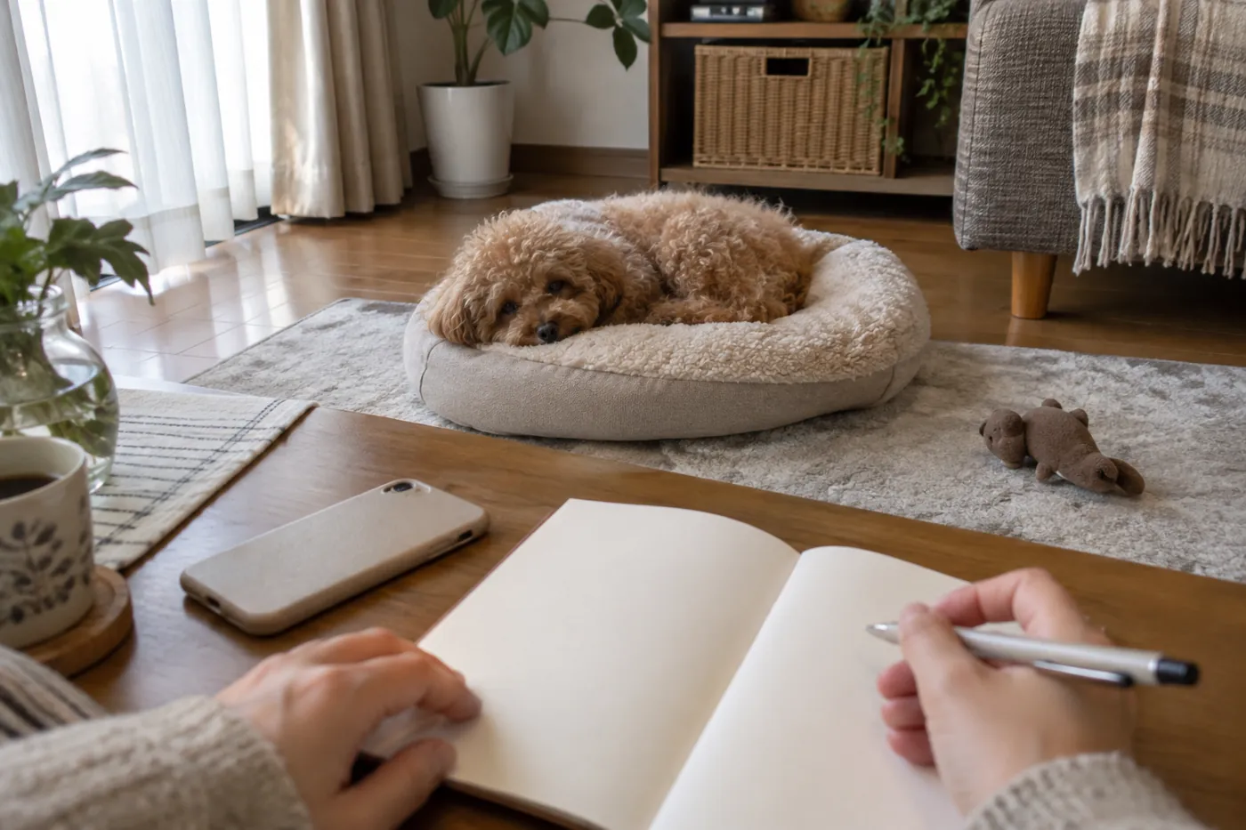休む子犬を見守りながら観察用のノートを手元に置く飼い主