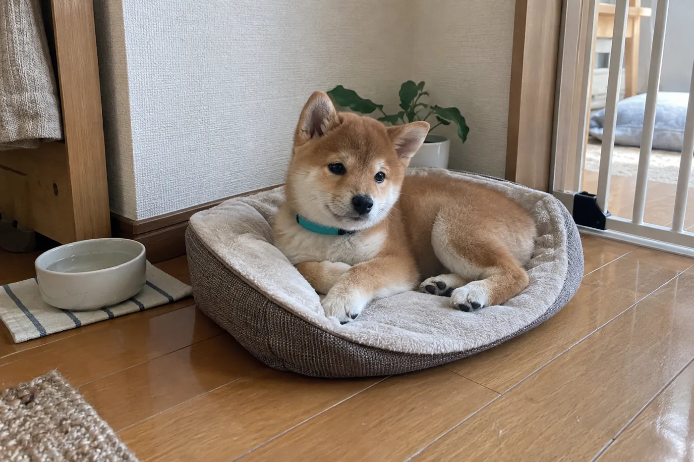 ゲートで区切られた静かな場所のベッドで休む子犬