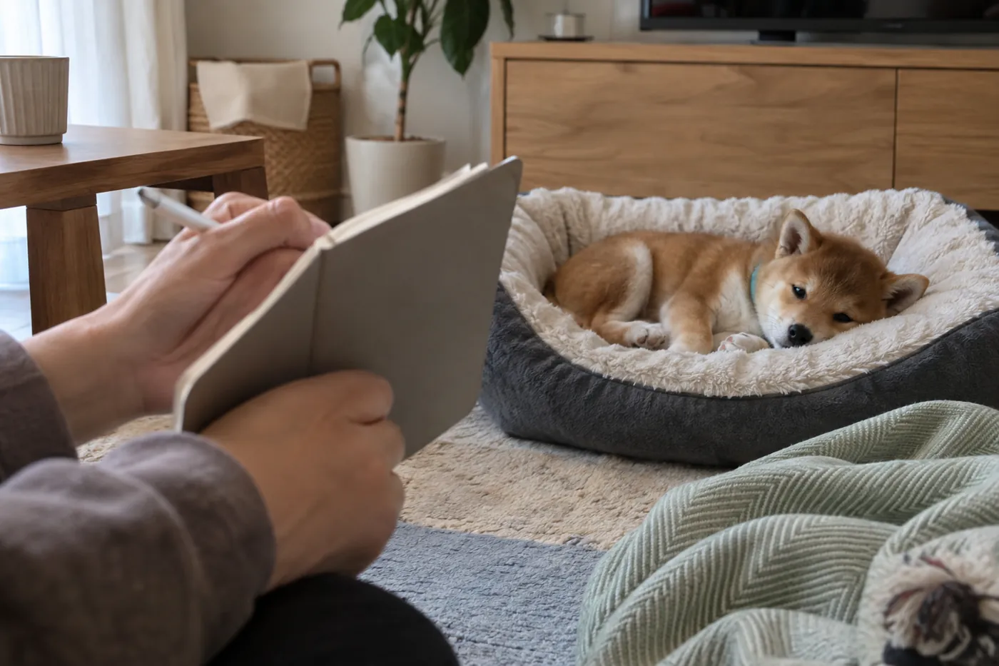 子犬がベッドで休む横で、飼い主がノートに記録する手元