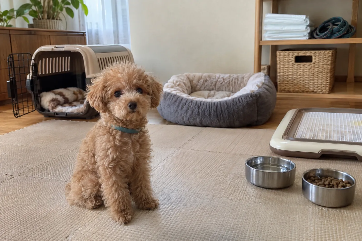 子犬のそばに食器や寝床、トイレ用品、キャリーを準備した室内