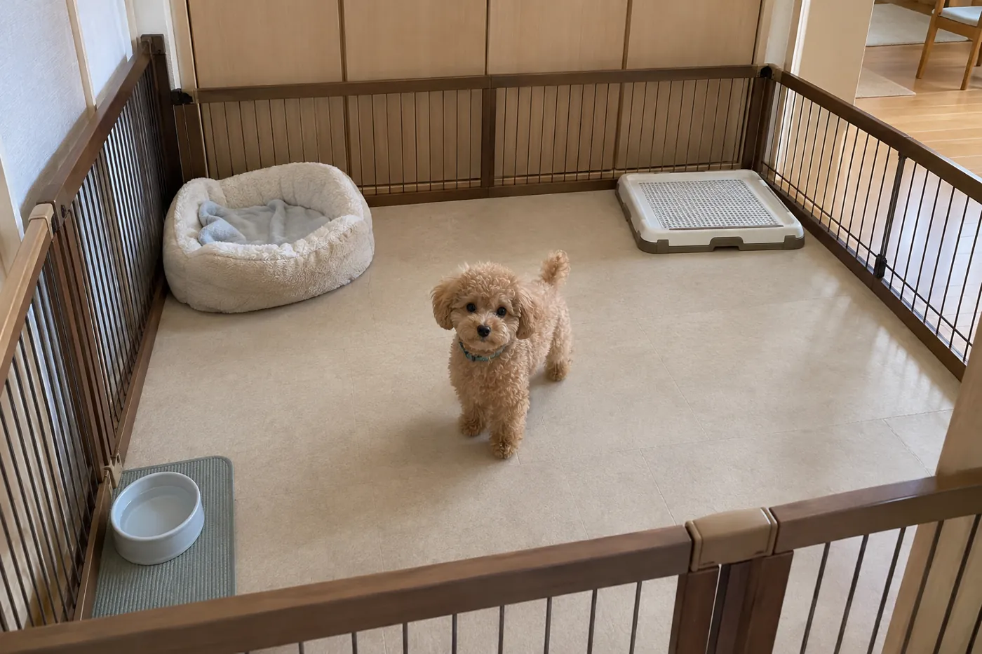 寝床と水の器、トイレを離して配置した子犬の生活スペース