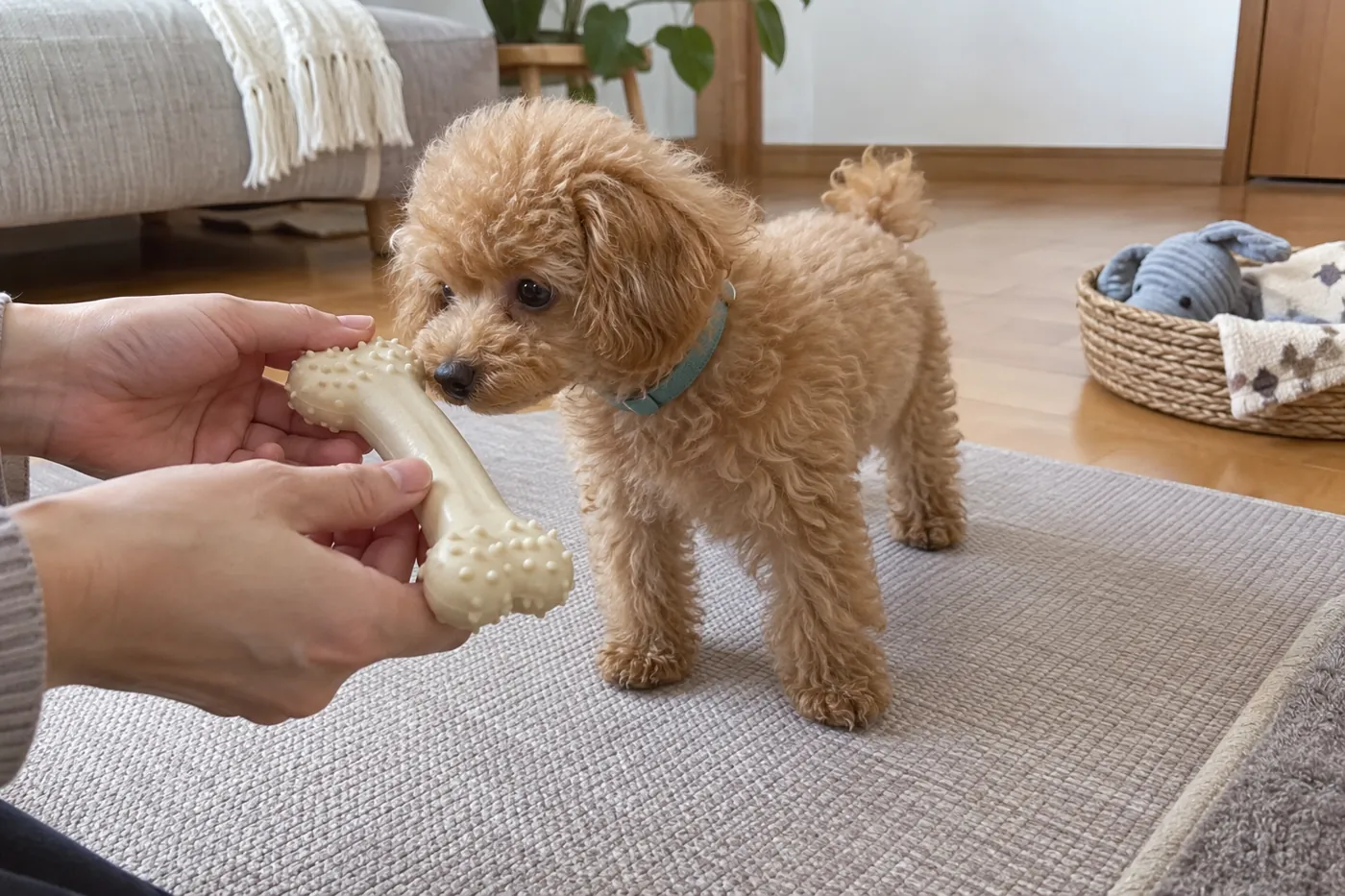 少数のおもちゃを子犬の前で選ぶ飼い主の手元