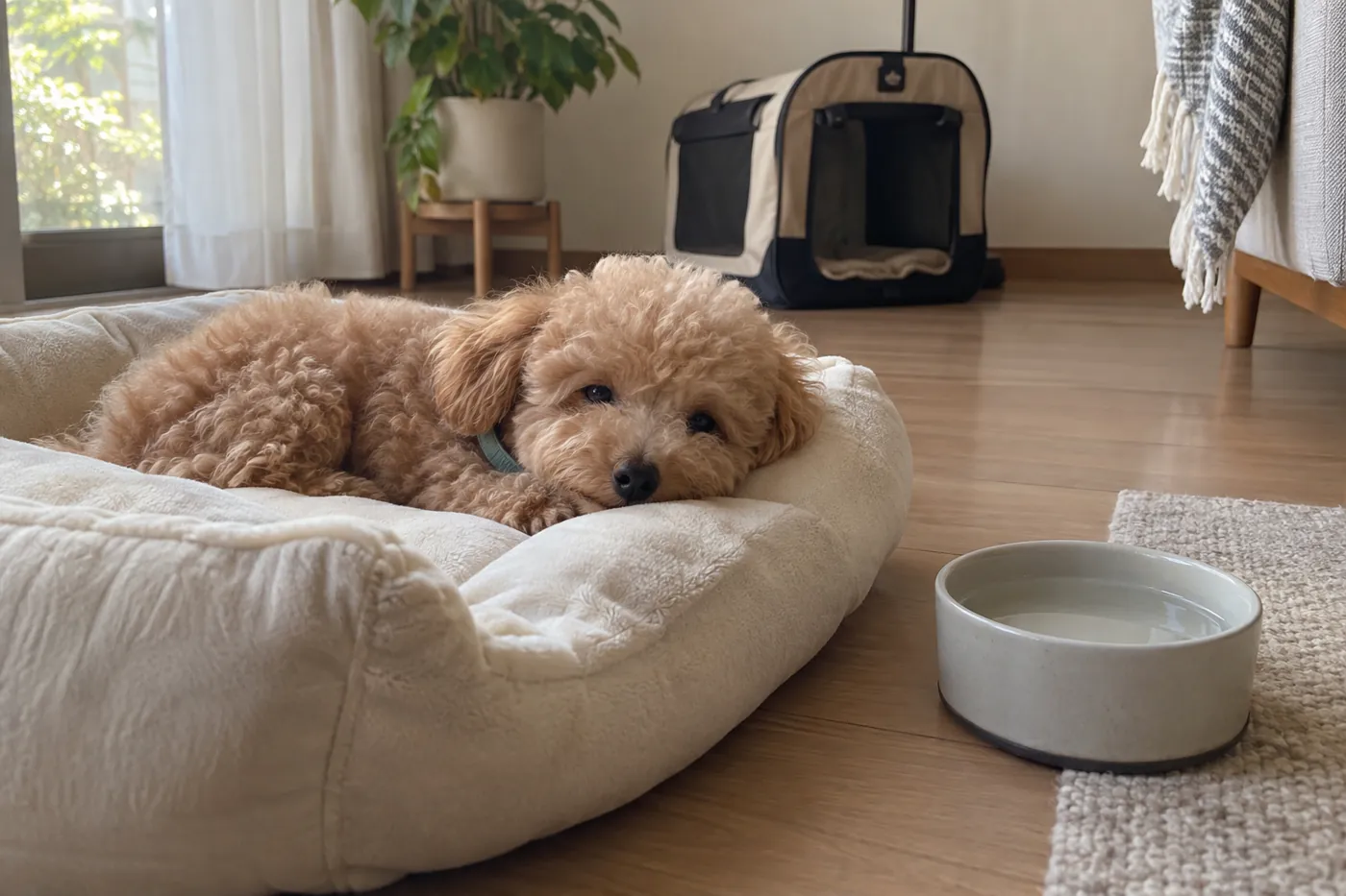 準備を終えた部屋のベッドで落ち着いて休む子犬