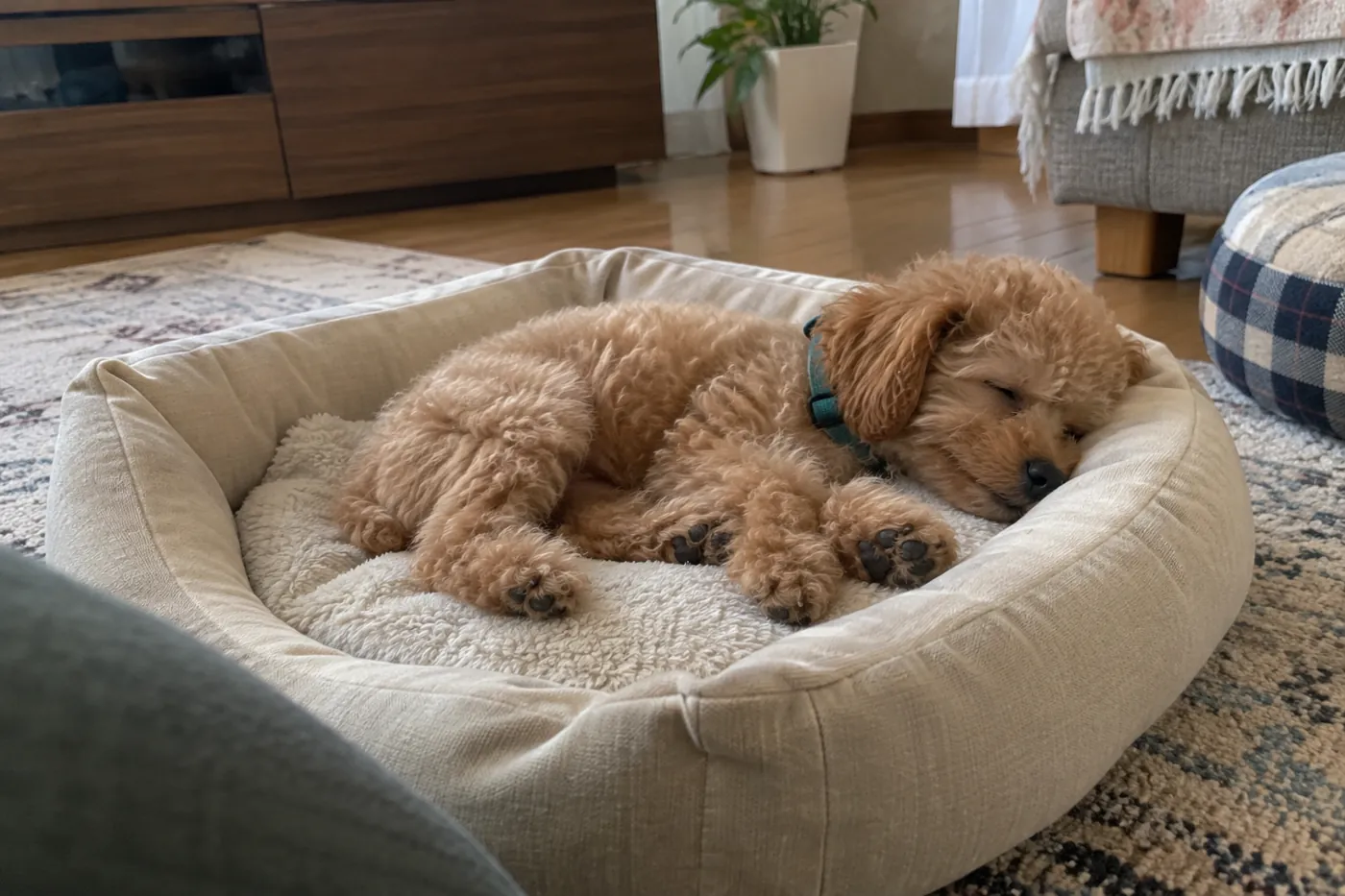 静かな部屋のベッドで横向きに眠るアプリコット色の子犬