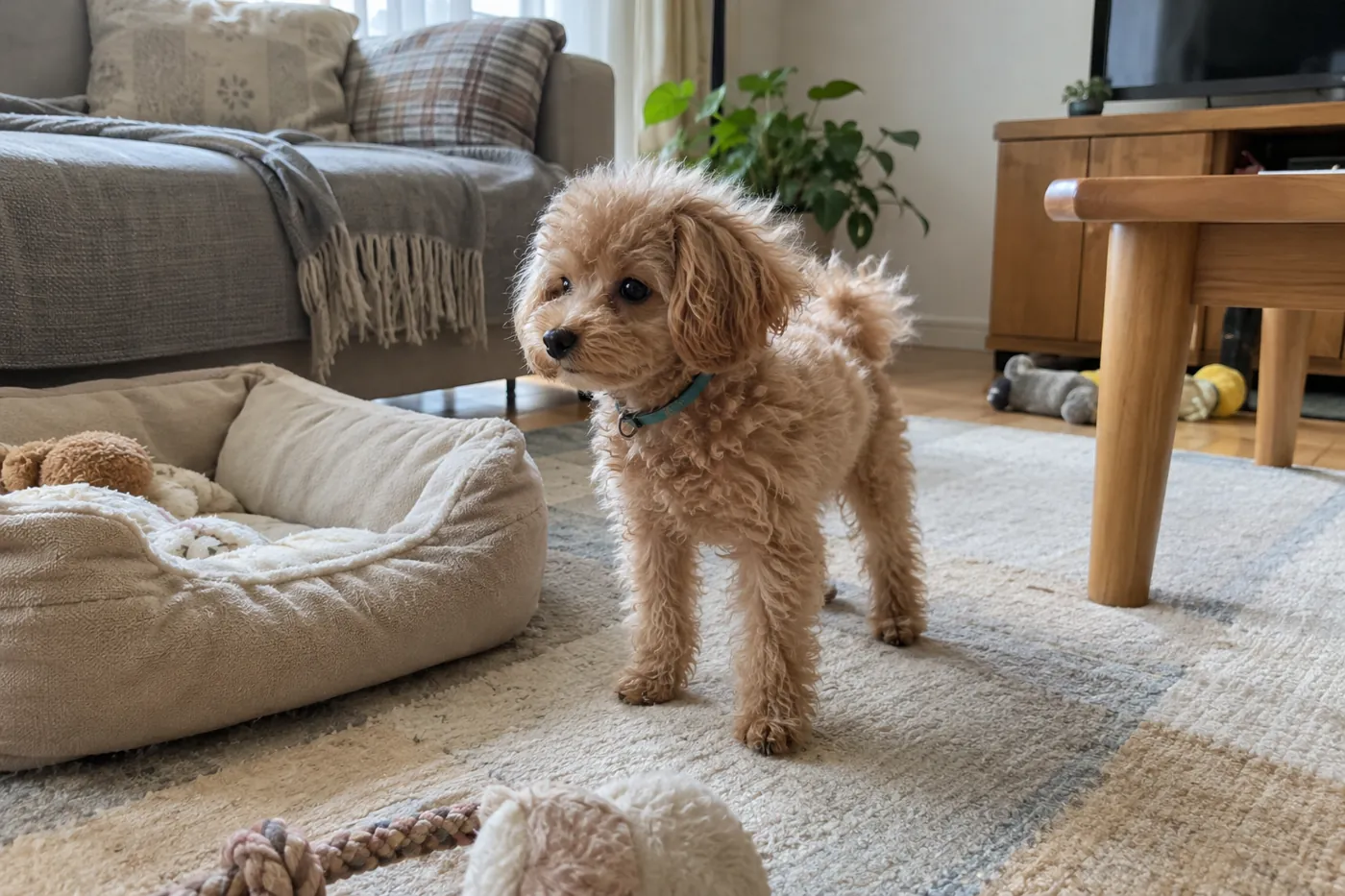 昼寝から起きてベッドのそばで周囲を見ている子犬