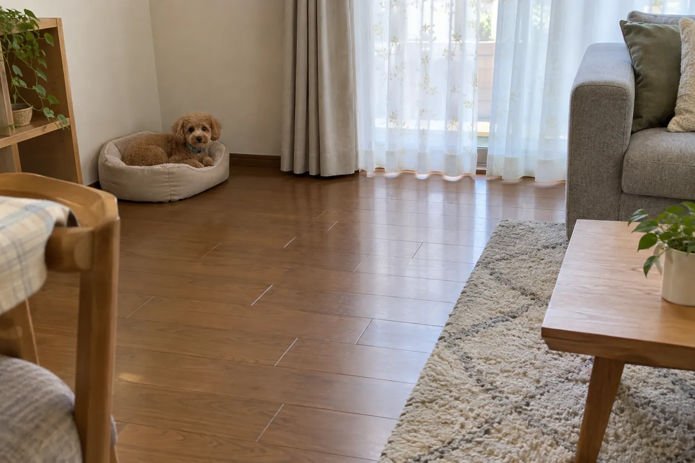 生活動線から離れた部屋の隅のベッドでくつろぐ子犬