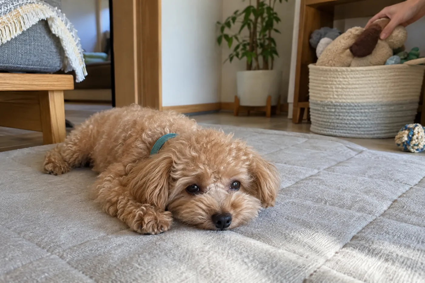 遊びを終えてマットに伏せ、飼い主が近くのおもちゃを片づけている子犬