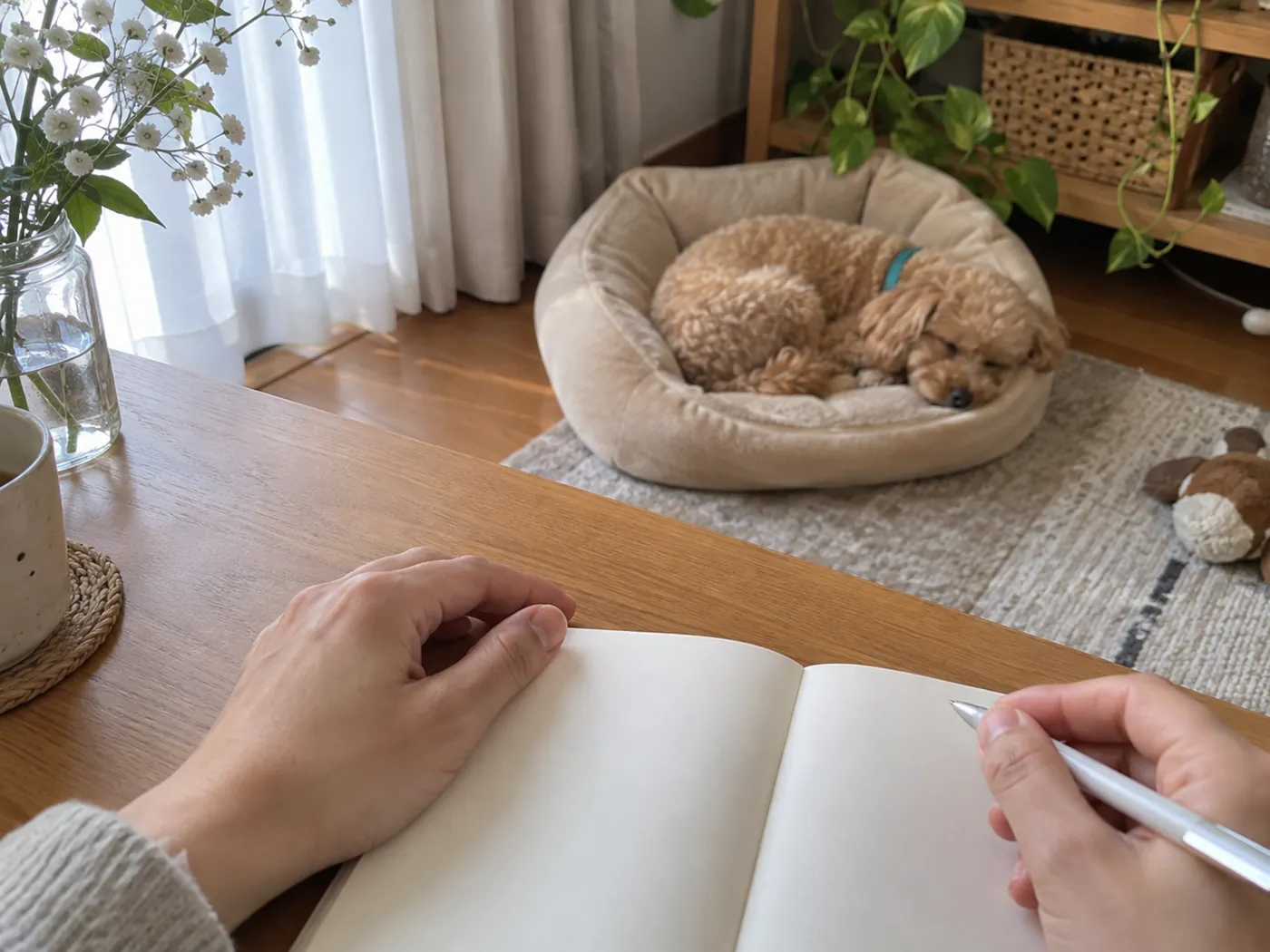 眠る子犬から少し離れた机で飼い主がノートに記録している手元