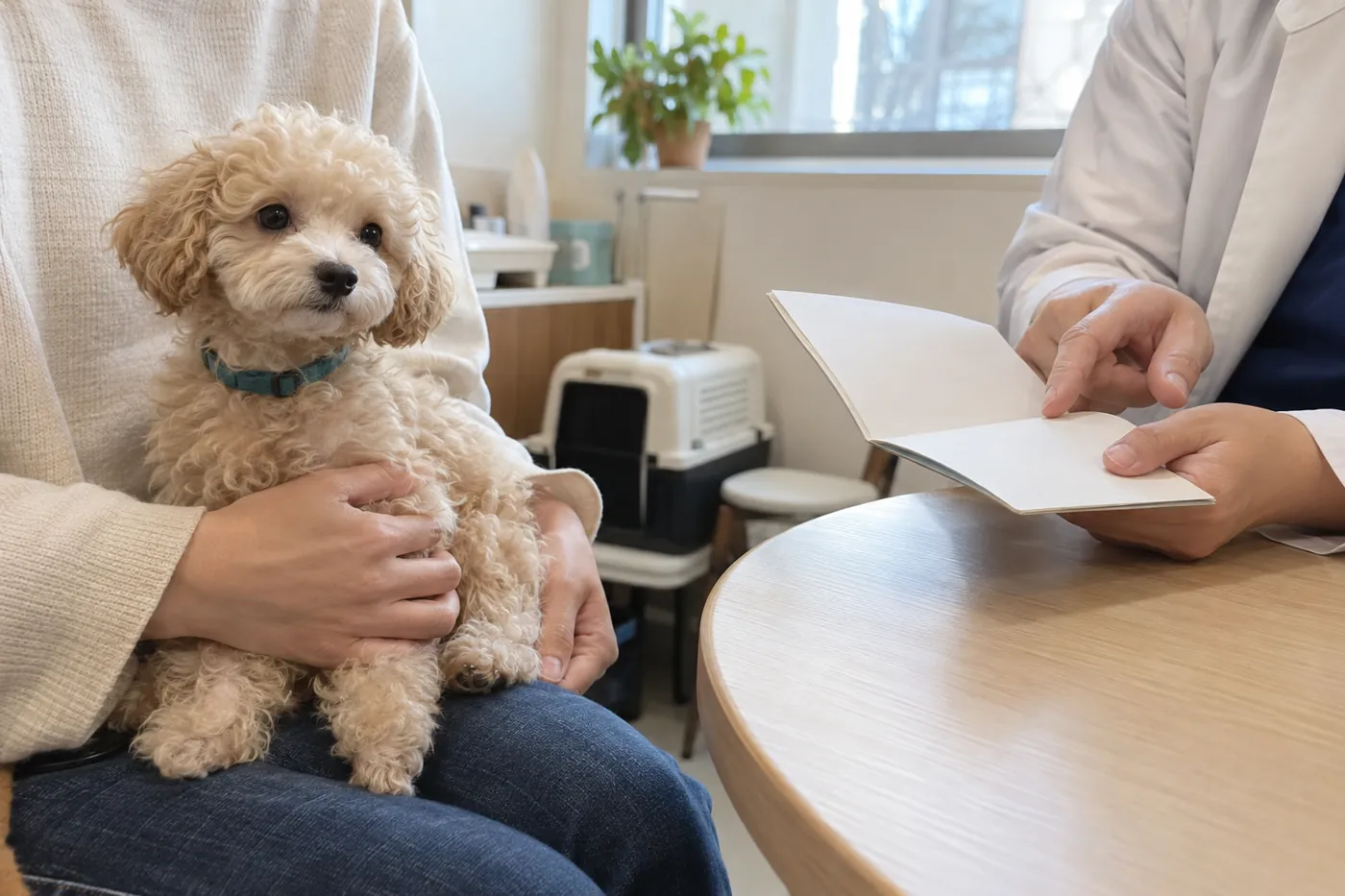 子犬のそばで、飼い主と獣医師が接種記録を確認している手元