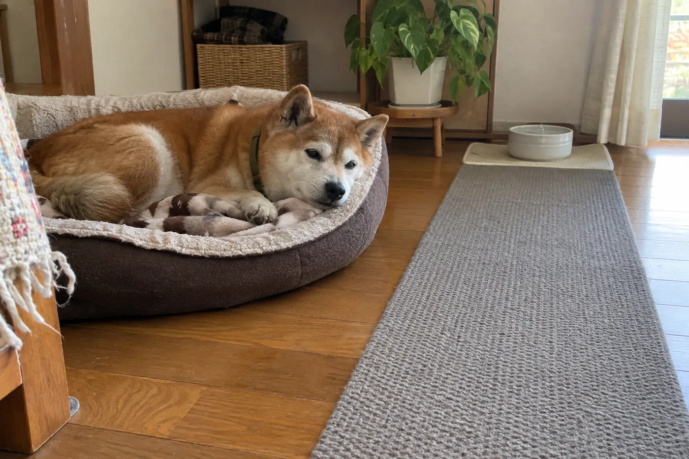 滑りにくいマットと低い寝床を置いた部屋で休む柴犬