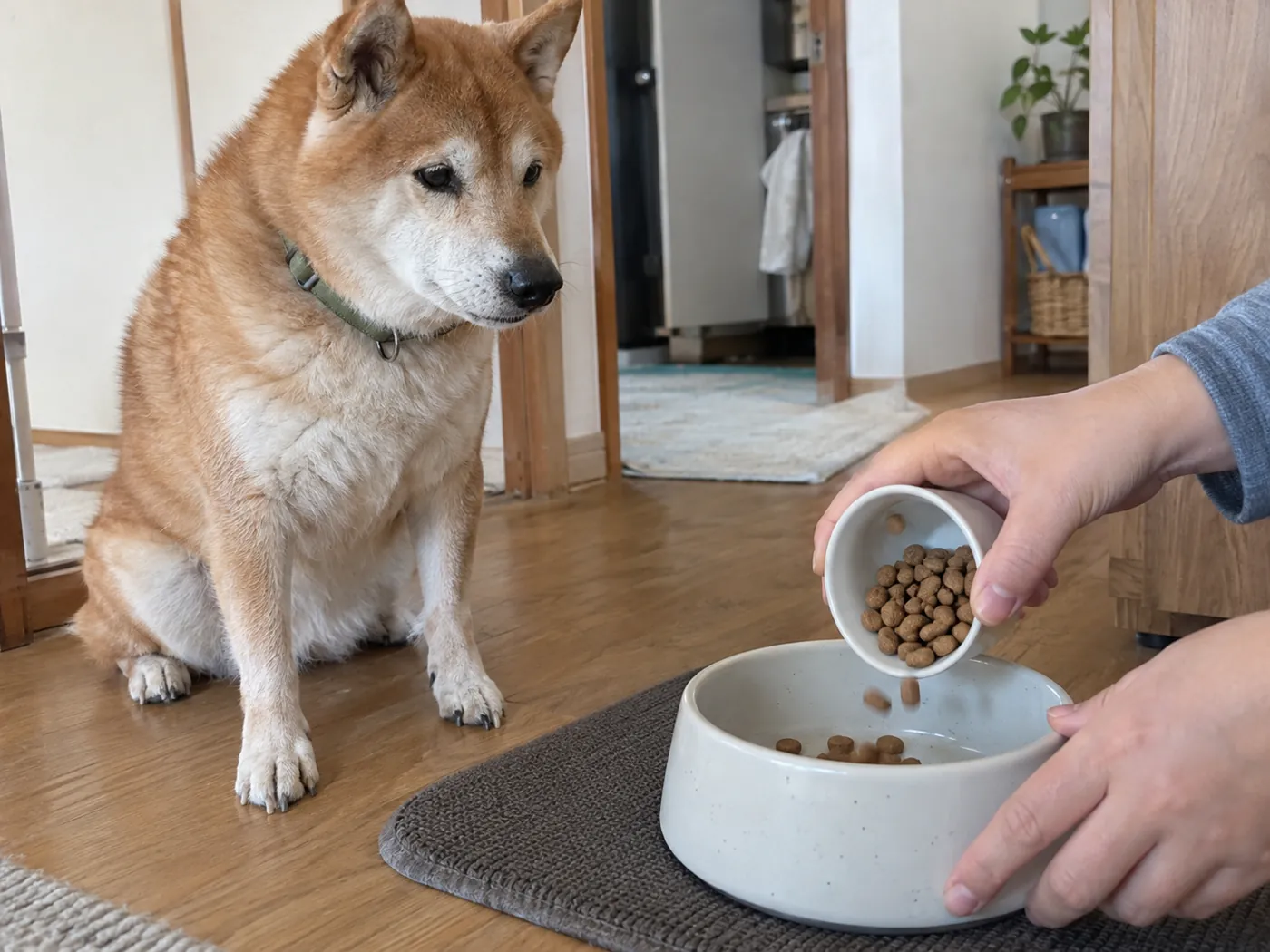 柴犬の食事を無地の器に用意する飼い主の手元