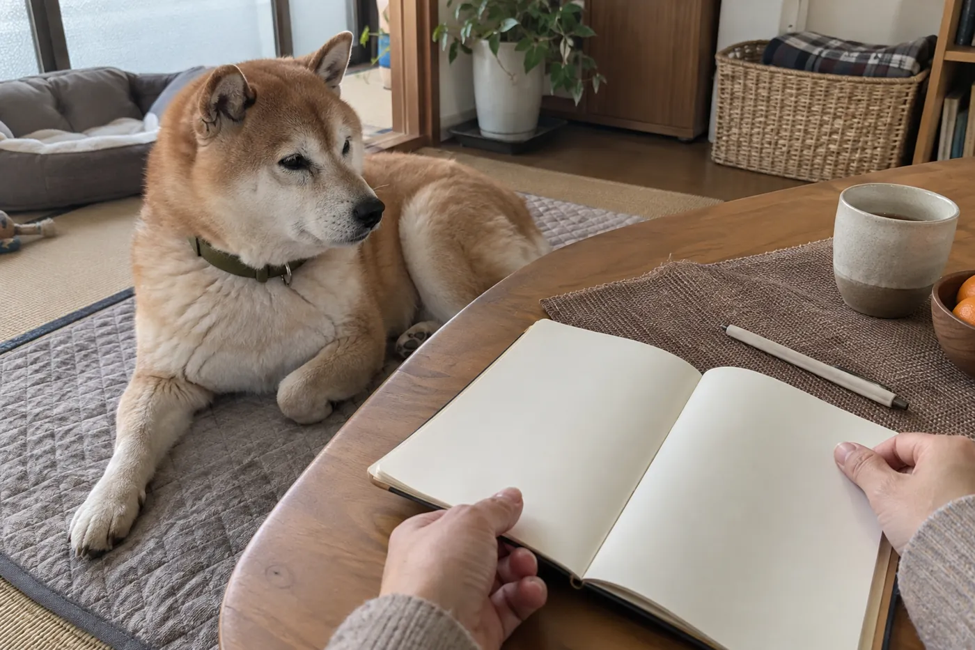 柴犬がそばで休む中、記録用ノートを開く飼い主の手元