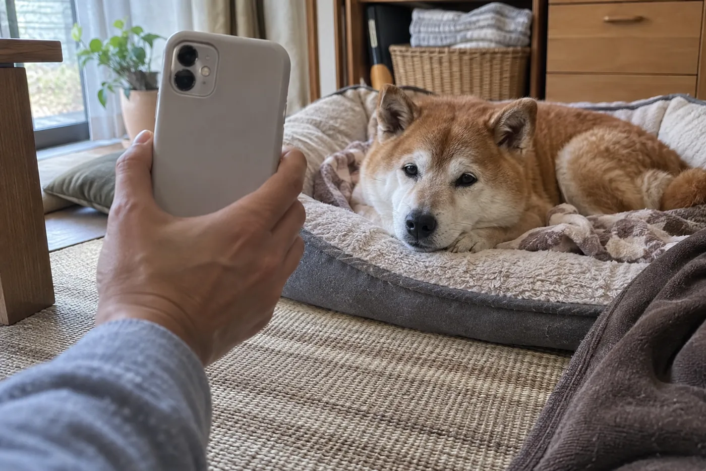 寝床のそばで犬の様子を見ながらスマートフォンを持つ飼い主の手元