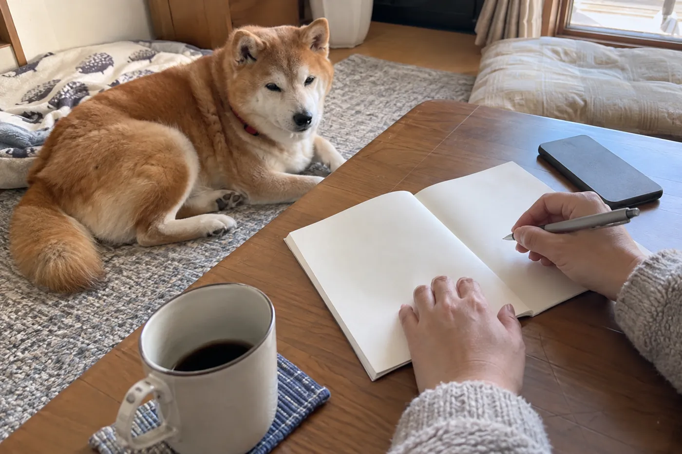 シニア犬のそばで記録用ノートとスマートフォンを用意する手元