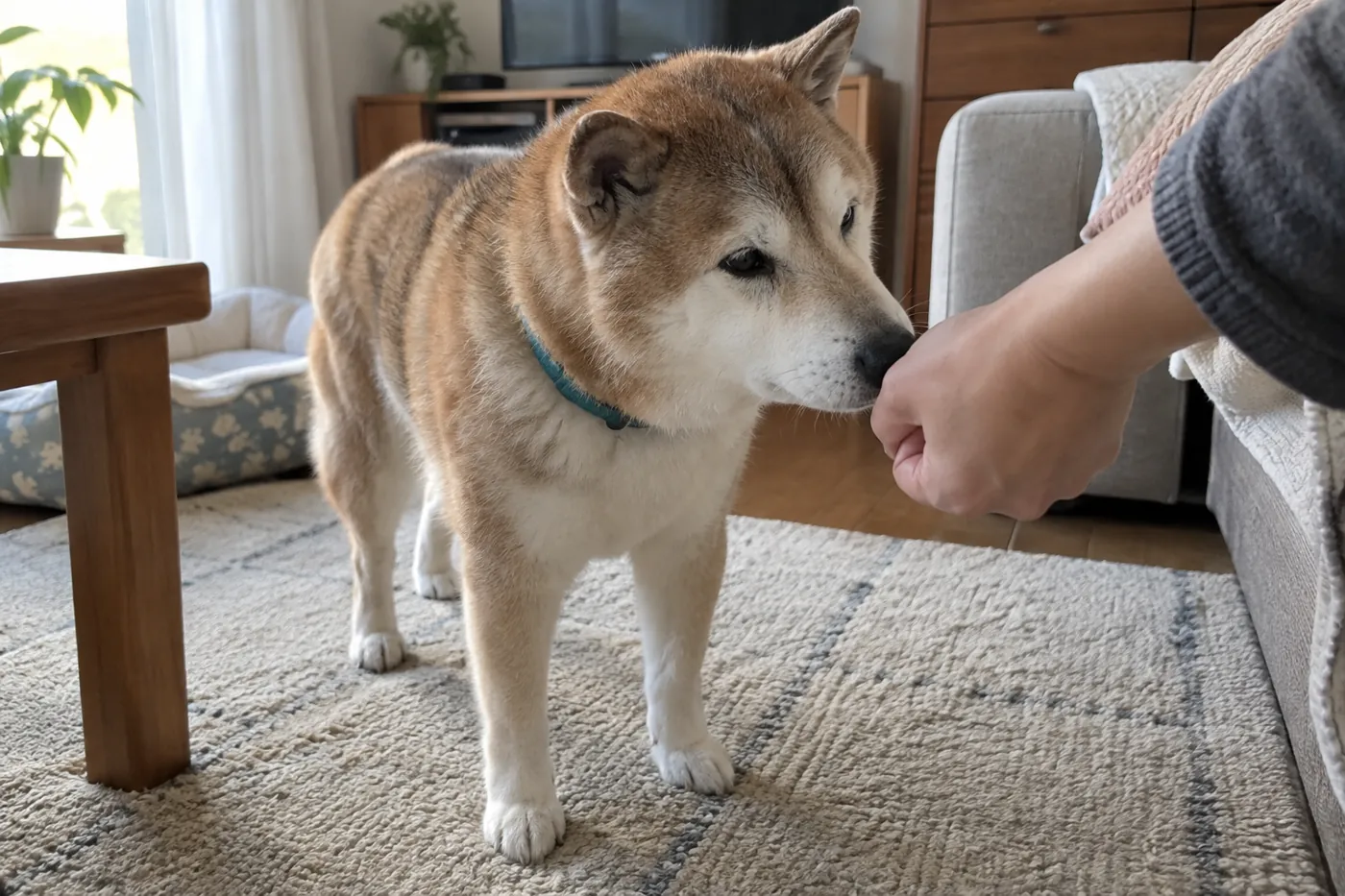 滑り止めマットの上で飼い主の手元のにおいを嗅ぐシニア犬