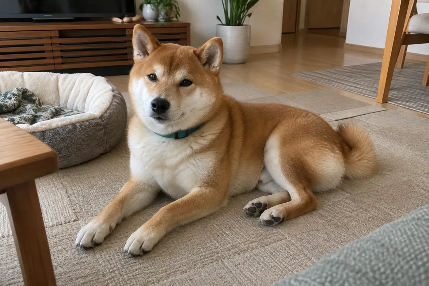 室内のマットでくつろぐ赤毛の柴犬