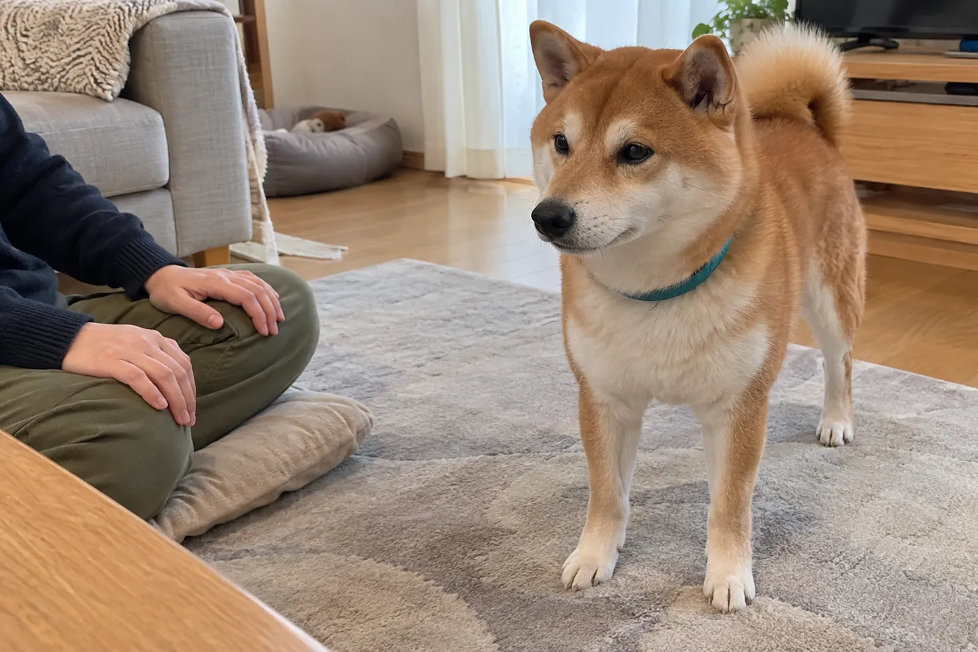 飼い主が手を膝に置き柴犬との距離を保って座る様子