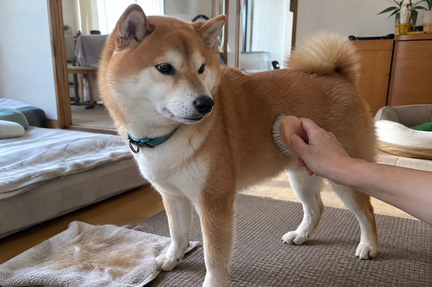 マットの上に立つ柴犬の体の横を柔らかいブラシで優しくとかす手元
