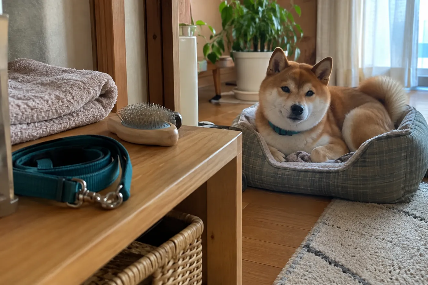 柴犬がベッドで休むそばに散歩用リードとブラシを準備した室内