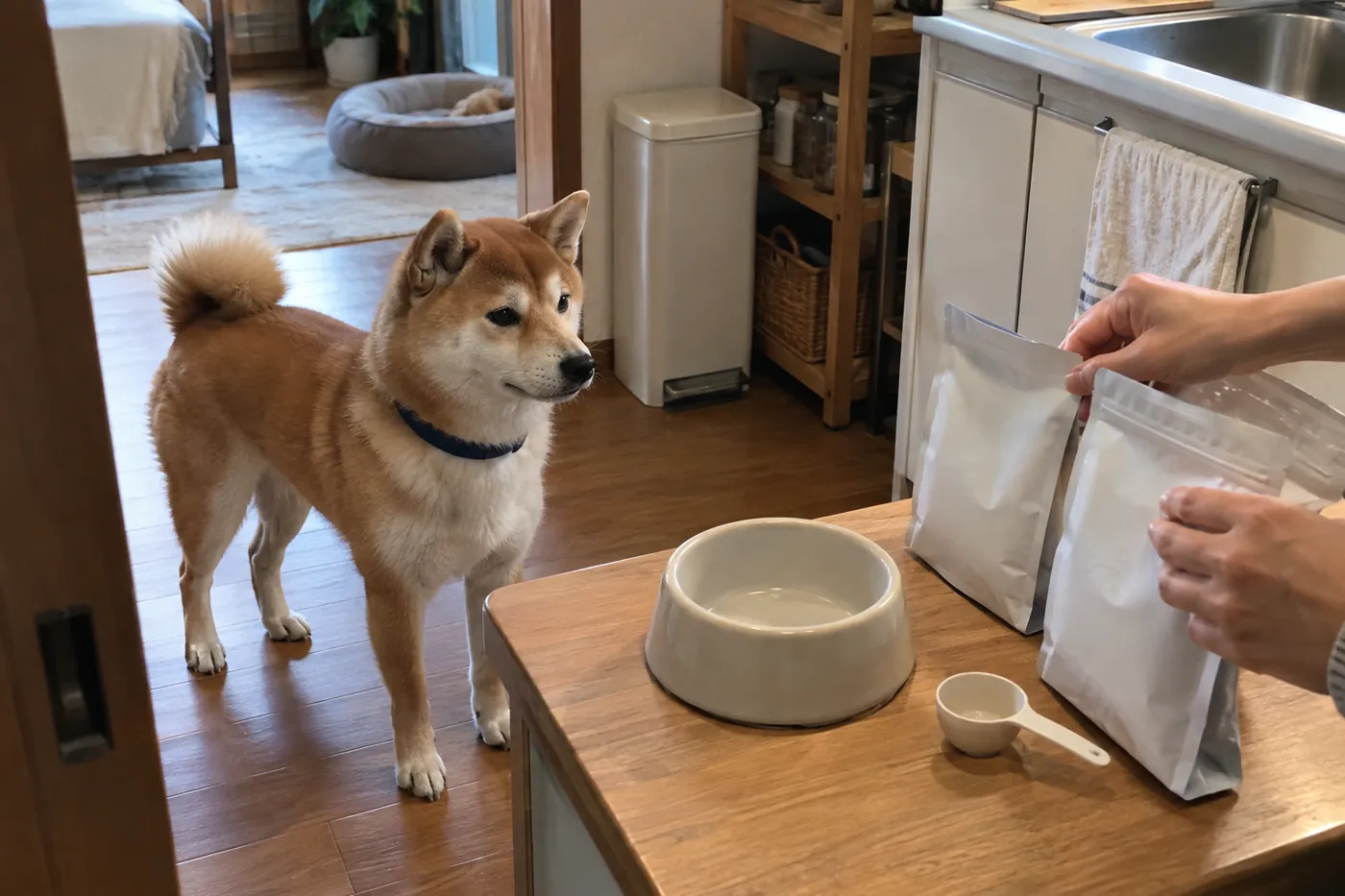食器のそばで待つ赤毛の柴犬とフードを準備する飼い主の手元