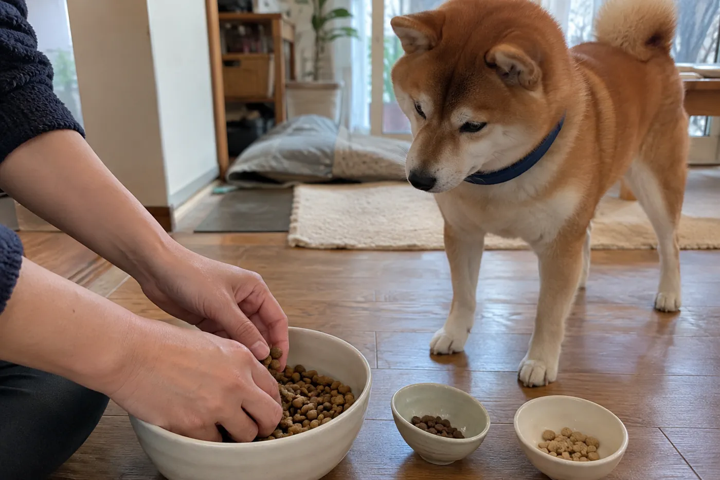 少量の新しいフードを食器へ混ぜる飼い主の手元と赤毛の柴犬