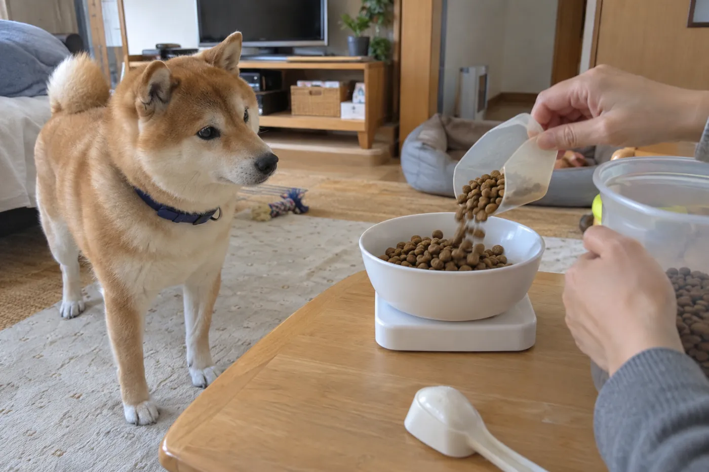 キッチンスケールでフードを量る飼い主の手元を見ている赤毛の柴犬