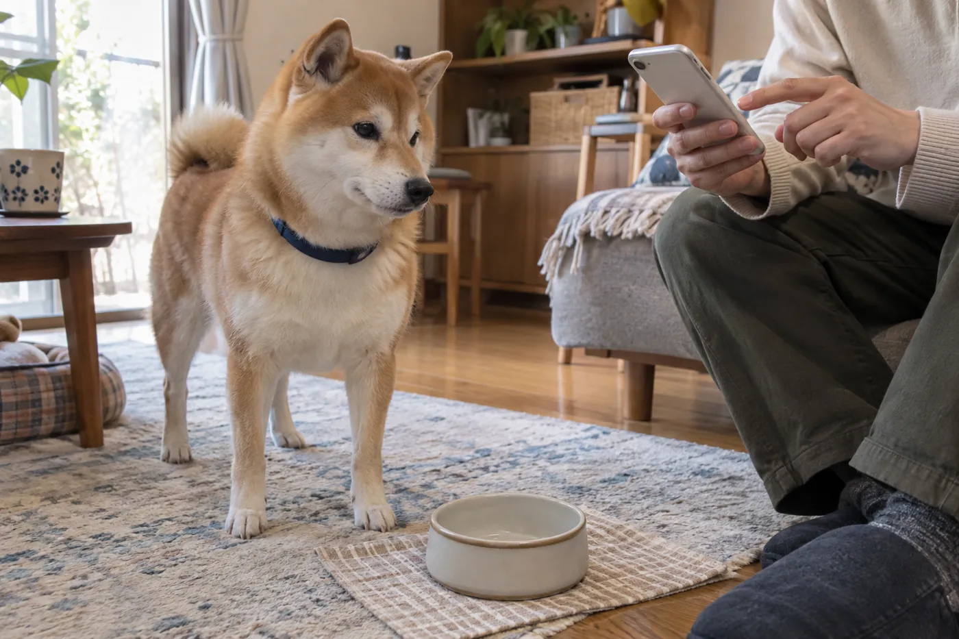 食後の赤毛の柴犬のそばで飼い主がスマートフォンに記録する手元