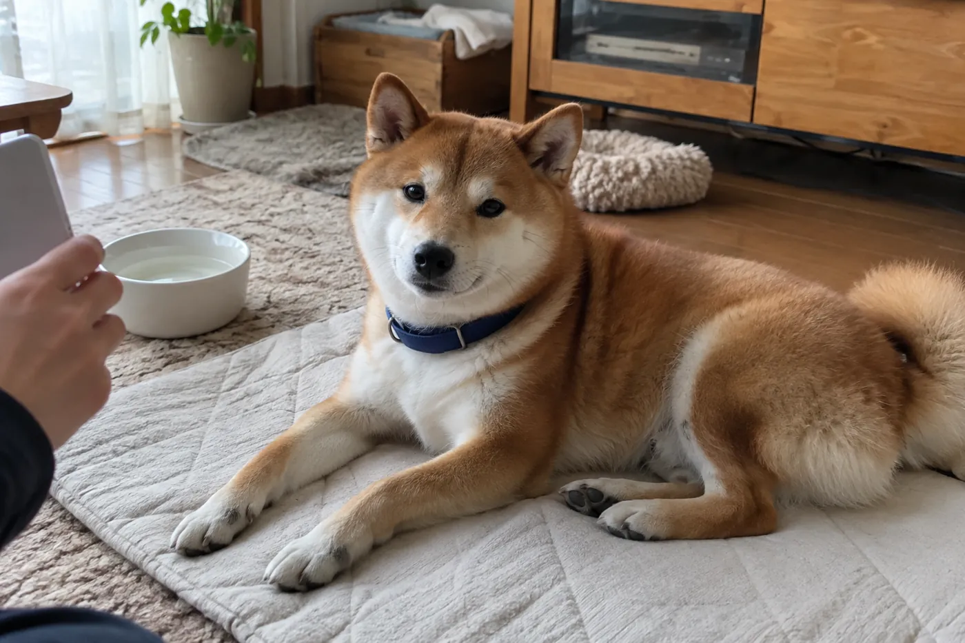 マットで休む赤毛の柴犬のそばで飼い主が電話を持つ手元