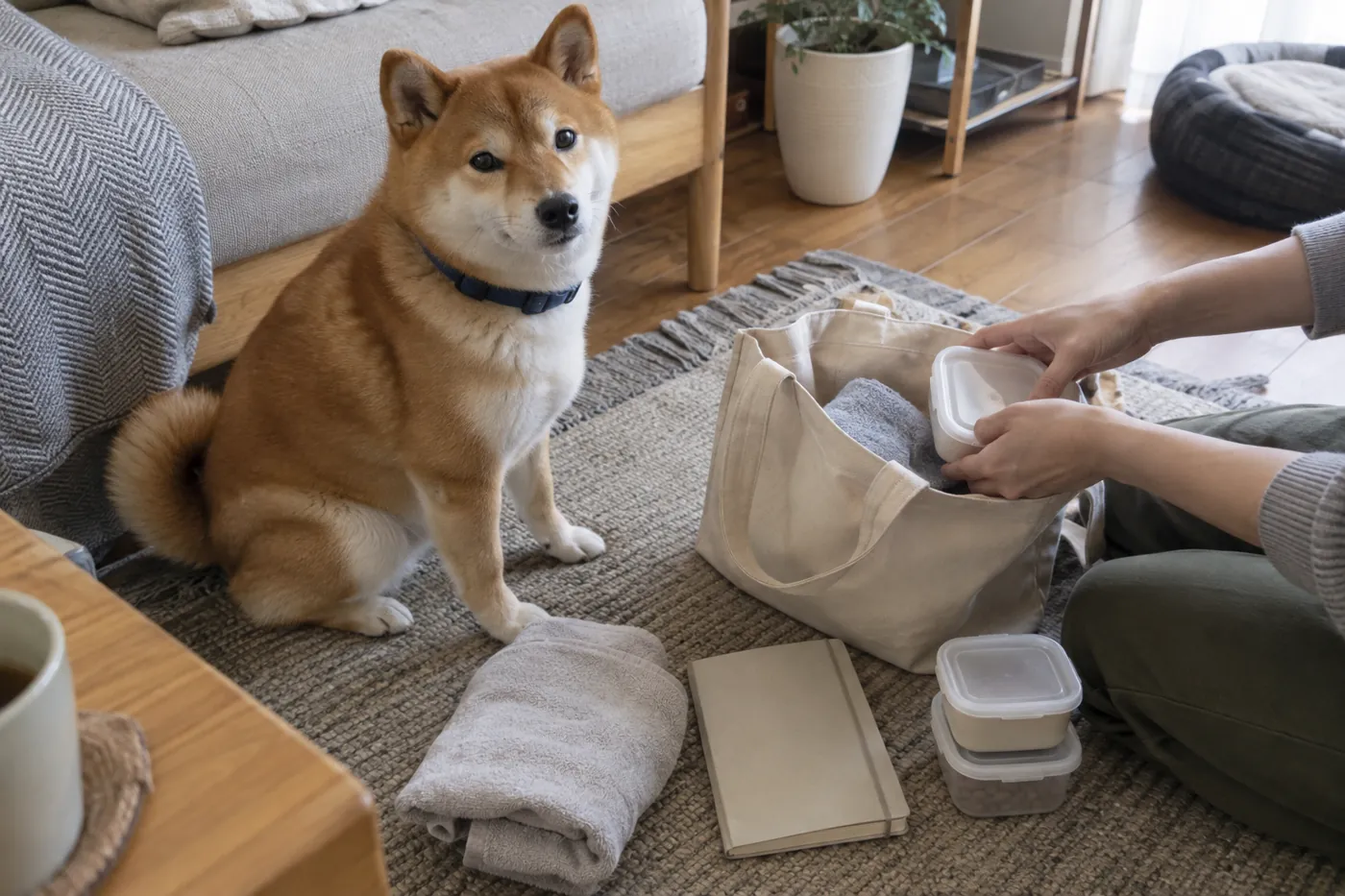 小分けしたフードと持ち物を準備する飼い主のそばにいる赤毛の柴犬