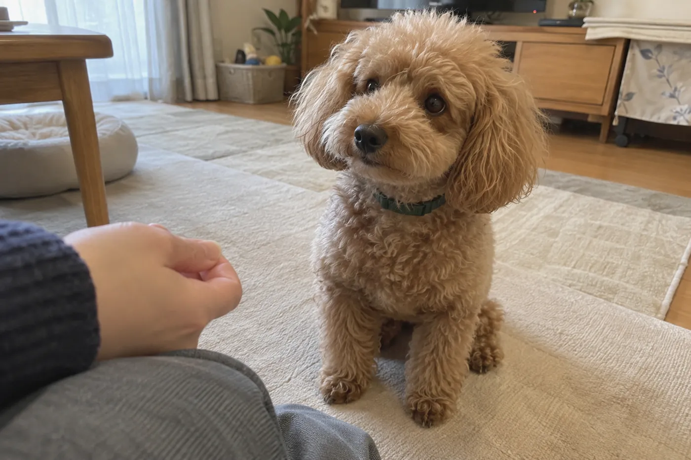 部屋のマットで飼い主のそばに座るアプリコット色のトイプードル