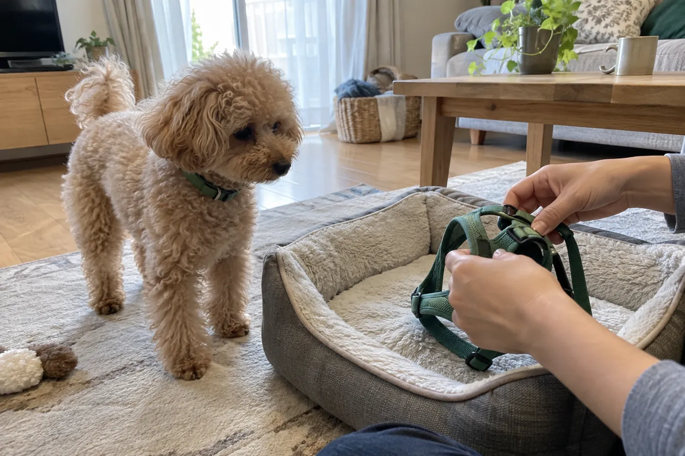 犬用ベッドの近くで飼い主の手元を見ているトイプードル