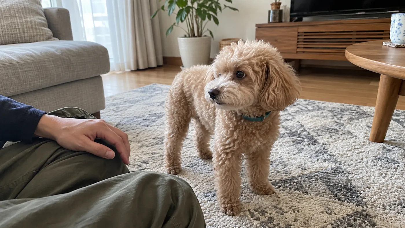犬が少し顔を横に向け、飼い主がなでる手を止めて膝へ戻している様子