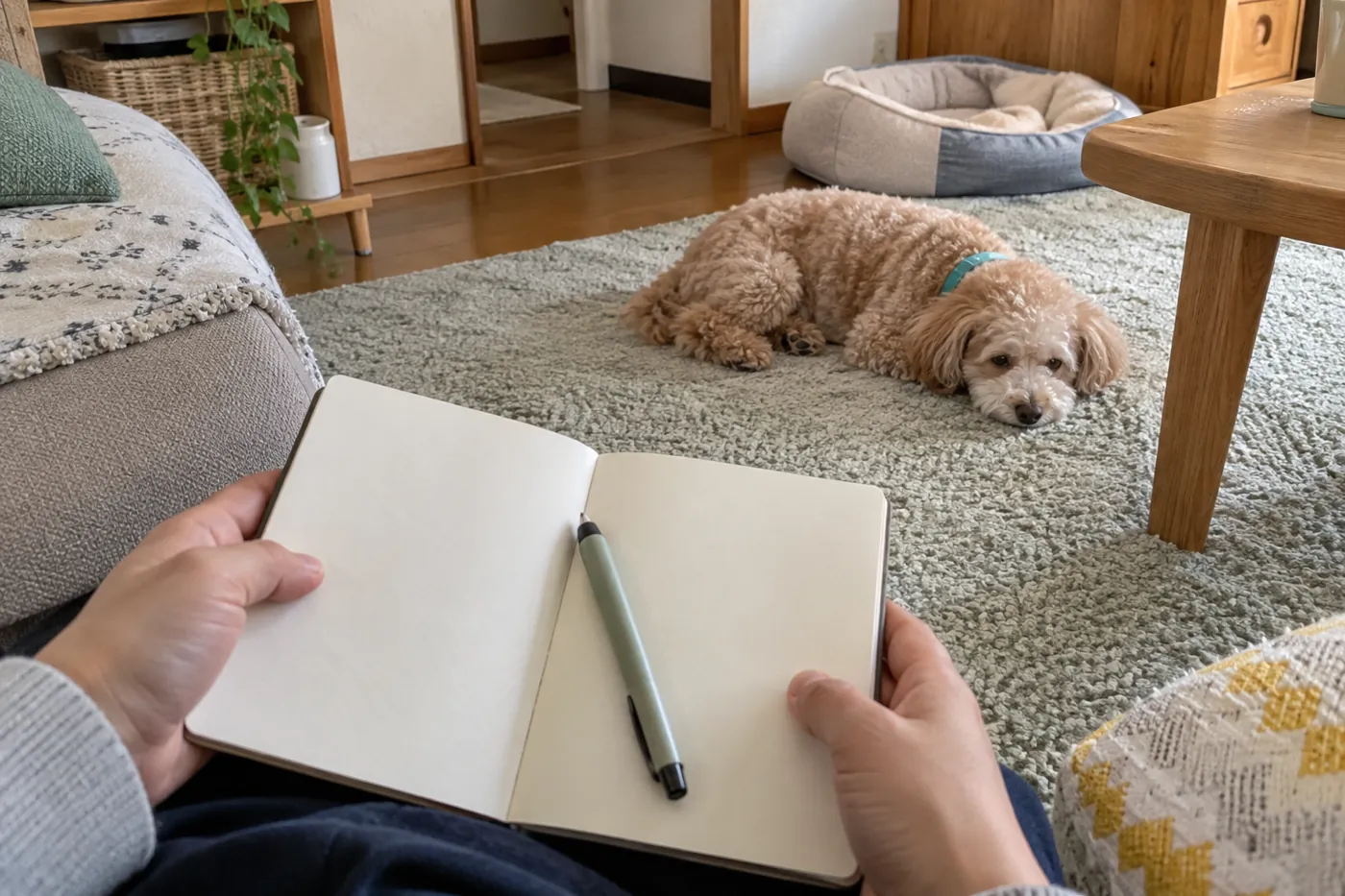 敷物で休む犬を離れた位置から見守り、無地のノートを持つ飼い主の手元