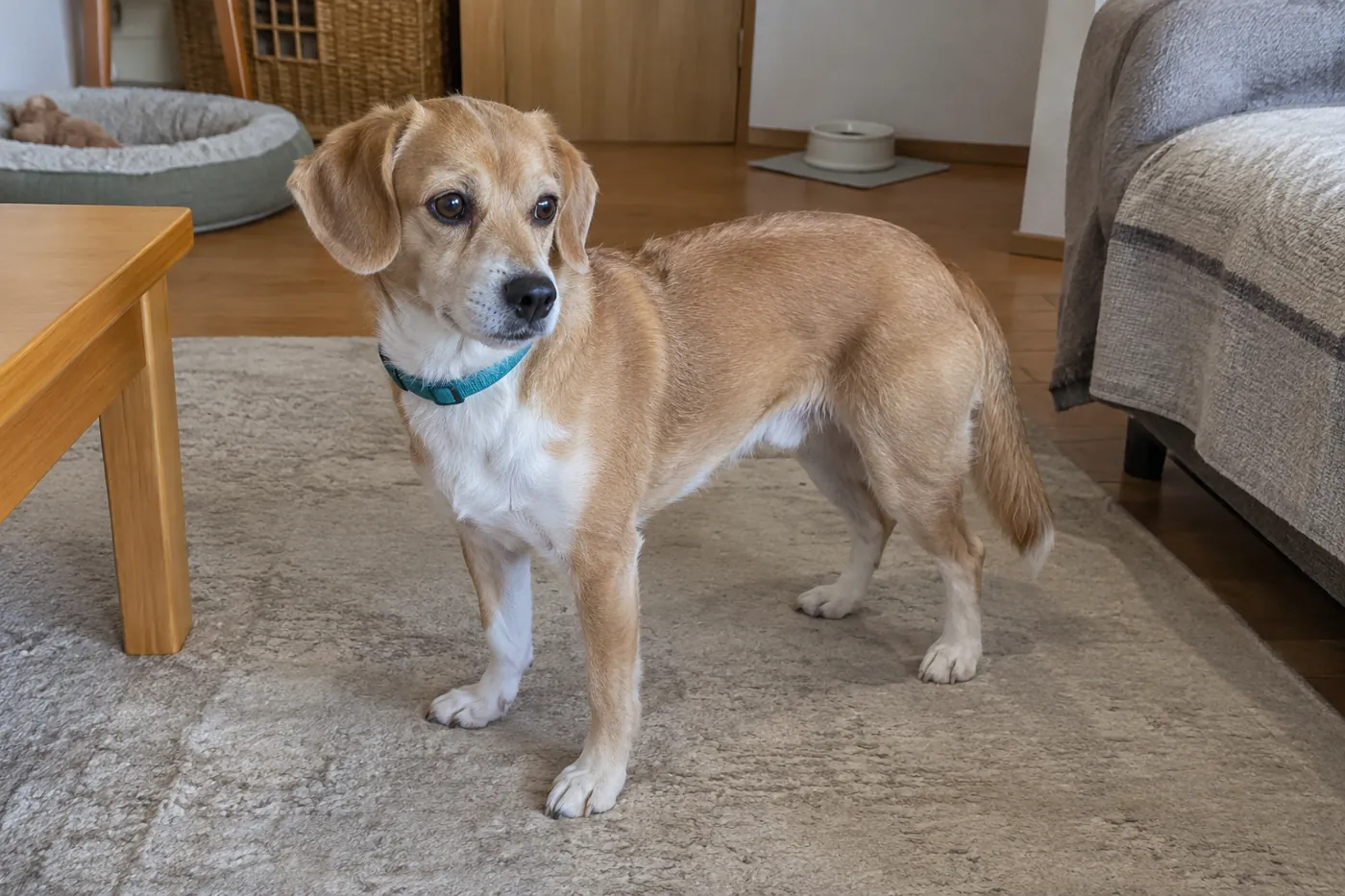 ラグの上に立つ犬の耳からしっぽまで全身が見える様子
